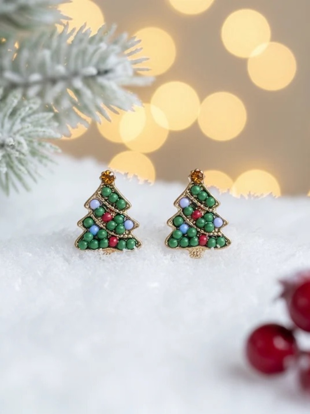 Gold-Tone Green Christmas Tree Stud Earrings with Red & Blue Accents